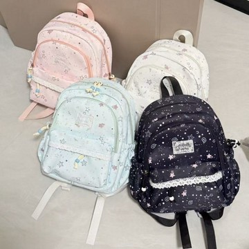 【台灣出貨🎀】韓系滿版可愛ins星星蕾絲後背包  輕量大容量少女書包  軟妹甜美學生百搭雙肩包  防水通勤休閒包