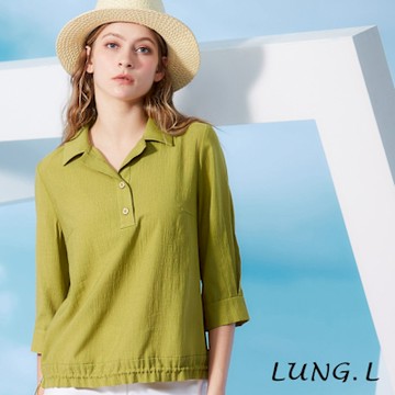 LUNG.L林佳樺 芥末黃襯衫領開半襟七分袖女裝上衣LR96A