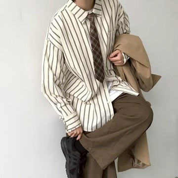 襯衫 長袖襯衫 條紋襯衫 日系 襯衣男 春秋新款流行港風襯衫 疊穿上衣 潮 日系 復古 寬鬆 顯瘦 時尚 百搭