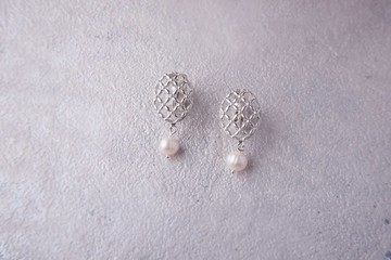 小復古格紋天然珍珠純銀耳夾/耳針/耳勾