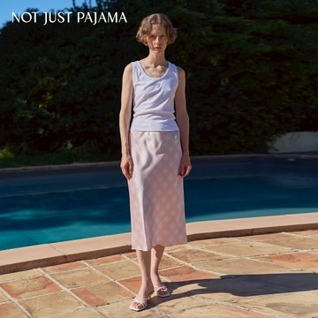 Not Just Pajama Kiki系列 格紋印花真絲斜裁中長裙/格紋半裙 - 粉色格紋-M