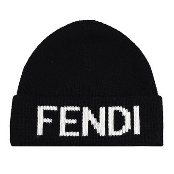 FENDI 刺繡LOGO羊毛針織保暖毛帽(黑)