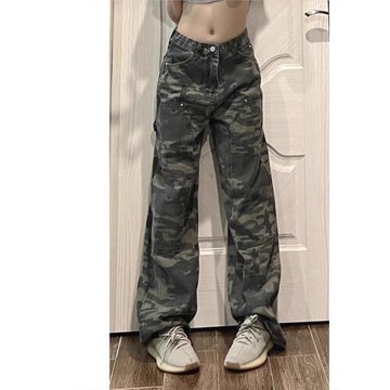 特大碼300斤迷彩工裝牛仔褲男女夏季薄款寬松闊腿窄版直筒休閑褲2