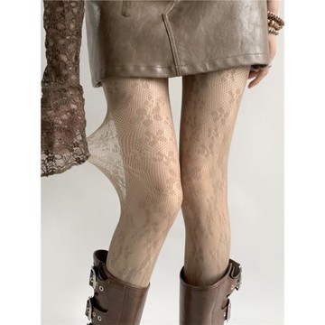 夜間教習室咖色絲襪女夏薄款洛麗塔防勾絲打底襪子女蕾絲小花白絲