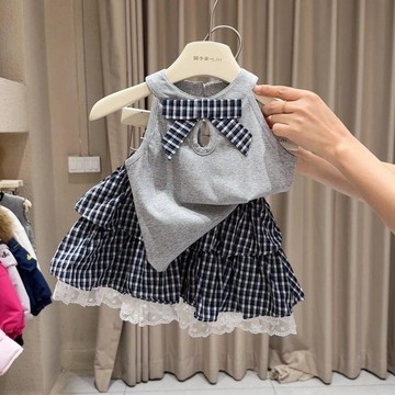 Mimo⭐氣質女寶寶套裝夏季設計感蝴蝶結背心花邊格子蛋糕裙