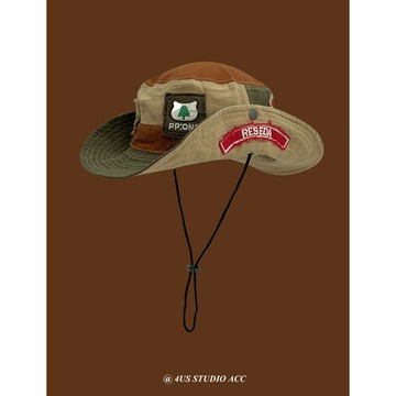 日系復古徽章貼布中古風刺繡漁夫帽女戶外登山釣魚帽男西部牛仔帽