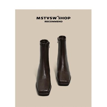 婭館 法式方頭粗跟短靴女2025秋冬新款棕色高跟彈力瘦瘦靴單靴子