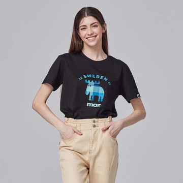 moz瑞典 格紋駝鹿 舒適柔棉 100%純棉短T-萬年黑(亞洲版)女款