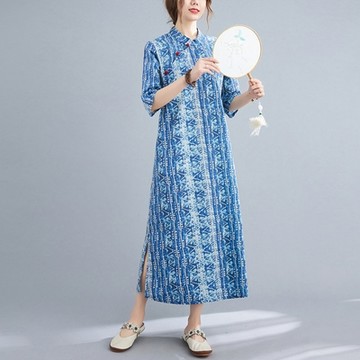 [巴黎精品] 長洋裝寬鬆連身裙-印花盤扣短袖舒適女裙子a1eq56