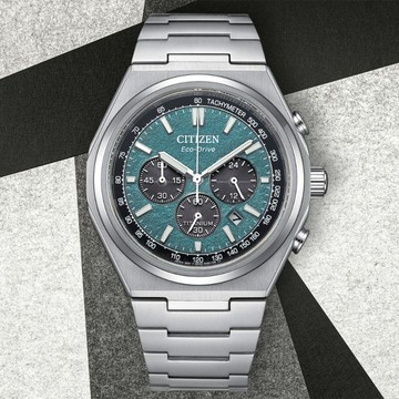 CITIZEN 星辰 Zenshin 新鈦度 限量 超級鈦 光動能復古三眼計時手錶-銀x綠 CA4610-85X