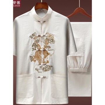 中老年中式夏裝男士短袖唐裝套裝亞麻夏季老人爸爸裝過生日衣服