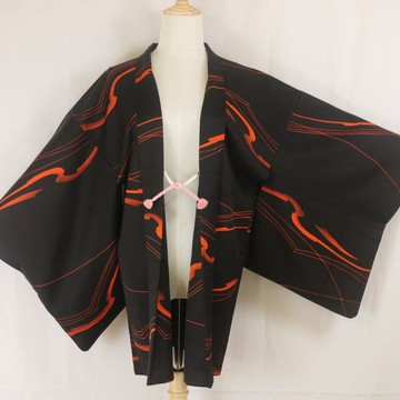 日本古著黑色羽織 | 紅橙抽象流線紋 | 和服開襟衫