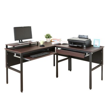 DFhouse     頂楓150+90公分大L型工作桌+1抽屜+1鍵盤+桌上架-胡桃色