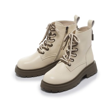 軟實力 復古雙色綁帶低筒厚底軍靴 奶油 (7D3084)