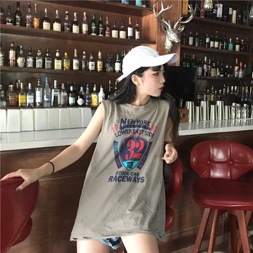 韓版假兩件寬鬆無袖中長款圓領背心【V110】