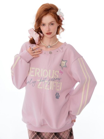 ziziFei秋冬美式設計感一字肩寬松加厚運動風字母印花露肩衛衣女