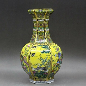 清乾隆琺琅彩花鳥六方黃色賞瓶仿古瓷器古董古玩收藏老貨舊貨擺件