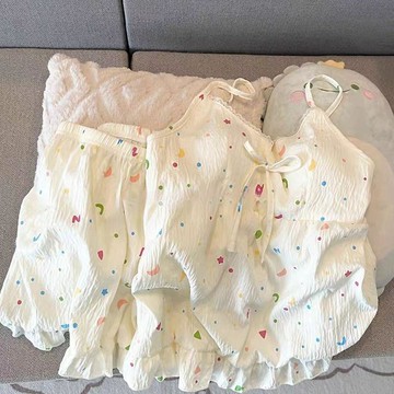 DUYI~夢詩 睡衣女帶胸墊彩色波點夏季雲朵棉吊帶短褲套裝少女性感花邊家居服