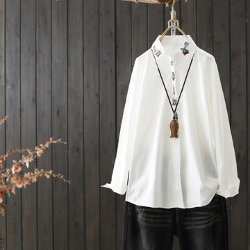 文藝刺繡長袖白襯衫女2024秋裝新款百搭打底衫女裝襯衣純棉上衣女