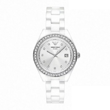 EMPORIO ARMANI 亞曼尼 Leo系列 AR70014 冷冽白環鑽日曆女錶 36MM｜樂天領券現折★全館特惠中★指定刷卡回饋10%