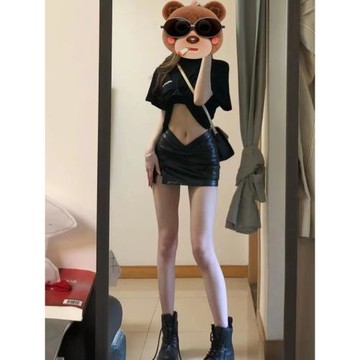黑色辣妹低腰半裙女秋季開叉小個子短褲裙pu皮裙性感包臀半身裙xs