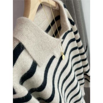 重磅羊絨衫女條紋POLO領針織毛衣女秋冬翻領寬松長袖羊毛打底衫潮