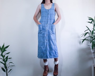 復古拼接藍色牛仔褲洋裝連結無袖洋裝尺寸 S M
