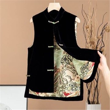 新中式女裝絲絨馬甲2024年春秋季新款立領盤扣百搭外搭開叉背心