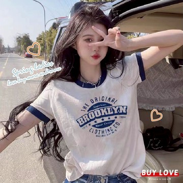 【買到戀愛】隔日到貨 棉感撞色滾邊字母印花短袖T恤 短T T恤 韓T 短袖 女裝 女上衣【FT9004】