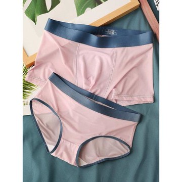 畫內純色情侶內褲冰絲中腰夏季薄款套裝性感男女褲情人節七夕禮物