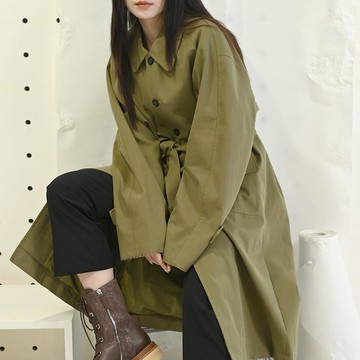 翻領格子袖-長版寬鬆風衣外套-軍綠色