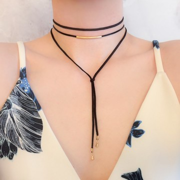 金屬圓管與黑色細繩三圈式Y字頸鍊 SV659