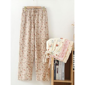 睡褲女長褲春秋夏季純棉紗布可外穿薄款全棉寬松日系碎花家居褲