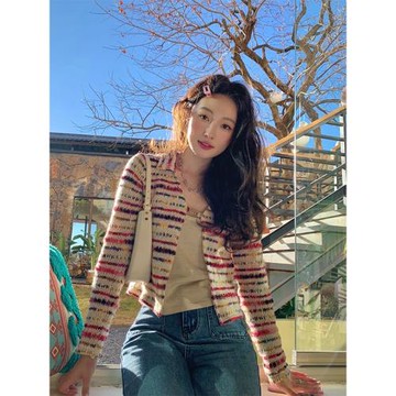 (免運)Turn right/陳大腿 小香風條紋針織開衫外套女春夏百搭修身上衣潮