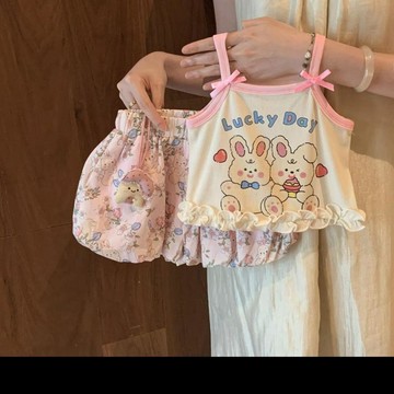 Mimo⭐女童夏季薄款吊帶寶寶卡通短褲套裝兒童空調睡衣家居服可愛兩件套