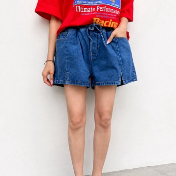 MANIFEST 正韓鬆緊腰前車線開衩短褲 韓國牛仔褲 韓國女裝 海灘 休閒 夏天短褲 休閒簡約 現貨