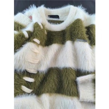 韓式慵懶風條紋水貂絨毛衣女秋冬季寬松設計感小眾毛茸茸加厚上衣