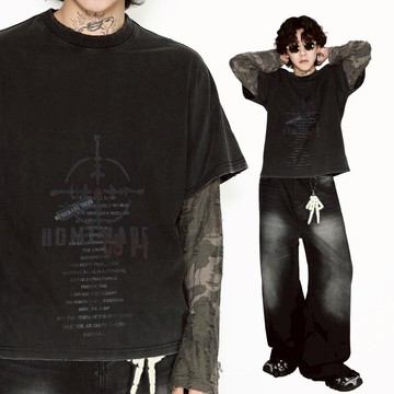 CORTIS 水洗破壞廢土迷彩袖假兩件長T