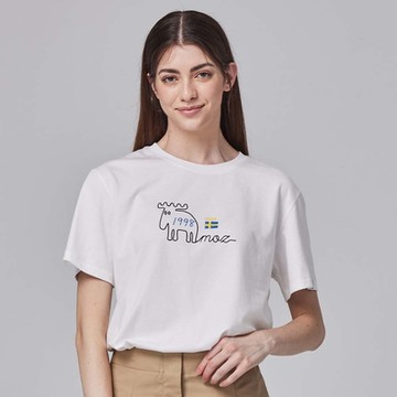 moz瑞典 駝鹿 極簡線條 舒適柔棉 100%純棉短T-經典白(亞洲版)女款