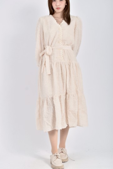 (M) ninesquared質感長袖杏色綁帶洋裝