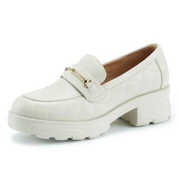 TAS 金屬飾釦菱格紋真皮厚底樂福鞋 米白 #44572