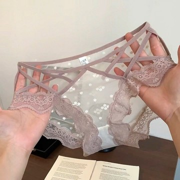 法式魅惑紫色網紗內褲女士中腰交叉蕾絲邊透氣舒適純欲性感內褲女