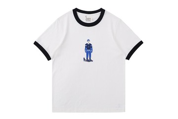 Incense Harbour複古撞色領手工絲印捕魚男孩 無縫白T-shirt T恤