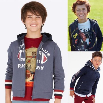 西班牙小精品男童帥氣百搭字母針織棉連帽外套 中大童琦