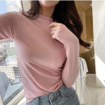 【sol.owen】韓國進口一字領粉色柔軟舒適百搭修身彈力長袖打底衫