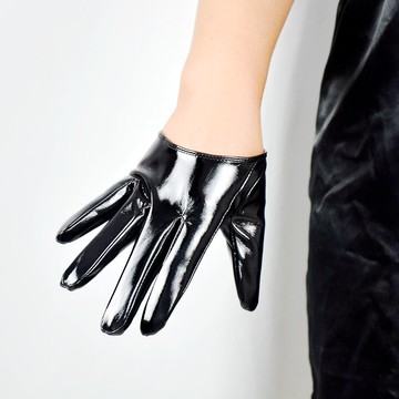 包郵觸屏皮手套13cm超短仿羊皮仿真皮仿皮PU鏡面漆皮亮皮亮黑色女