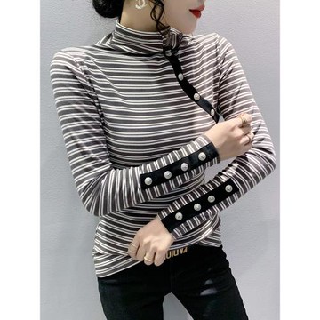 半高領打底衫女秋冬2024新款歐洲站時尚條紋長袖T恤修身洋氣上衣