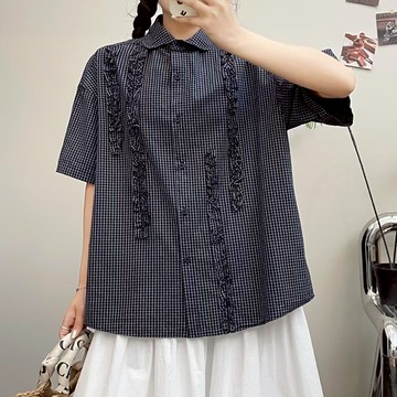 木耳花邊裝飾格紋襯衫424740