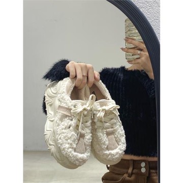 真皮休閑運動小白鞋棉鞋加絨保暖小個子增高毛毛鞋厚底老爹鞋女冬