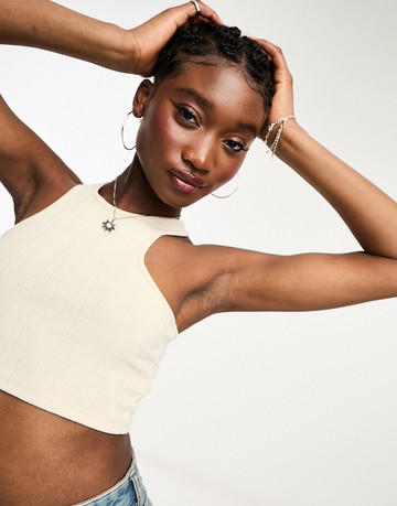 Monki shrunken crop vest top in light beige-Neutral